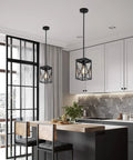 Black Industrial Pendant Light With Durable Metal Cage, One Light, Adjustable Rods in modern kitchen setting