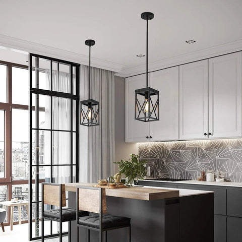 Black Industrial Pendant Light With Durable Metal Cage, One Light, Adjustable Rods in modern kitchen setting
