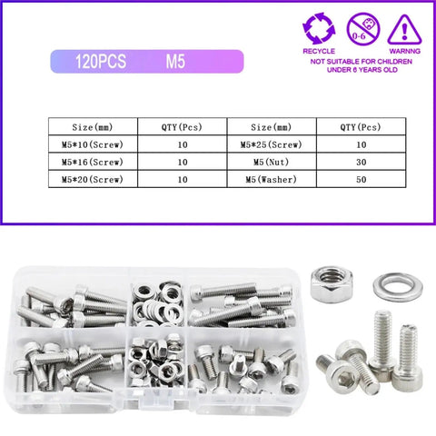 All In One M2 To M6 Machine Screw Set With 304 Stainless Hex Socket Bolts Nuts Washers And Gaskets Metric Thread Hardware Kit Packed With 120Pcs M5 Pack For DIY Projects And Repairs; M5 screws and parts tray