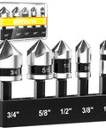 Pro Grade Countersink Drill Bit Set For Metal And Wood, Five Piece M2 Cobalt, five different sizes, displayed in holder
