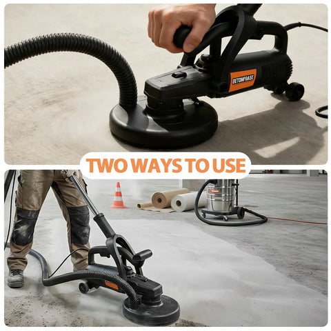7 Inch Concrete Grinder Set With Extendable Rod, 3800W Floor Polisher With Dust Extraction Shroud in use two ways on concrete floor