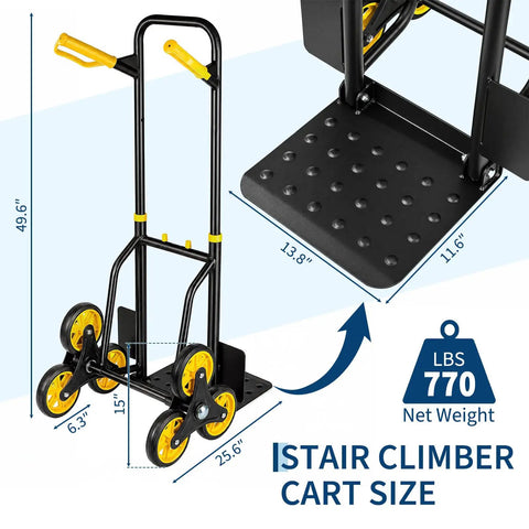 Stair Climbing Dolly For Heavy Loads, Rugged Hand Truck With 770 Lb Capacity, ergonomic grip, smooth rolling wheels, 49.6-inch height