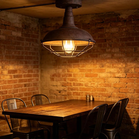Straight Up Rustic Charm All Metal Barn Style Semi Flush Mount Ceiling Light Featuring Vintage Wire Cage Rust Finish in a cozy space