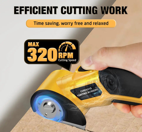 Powerful 4V Cordless Electric Scissors Cardboard Cutter With Safety Lock And LED Light For Boxes Carpet Plastic And Fabric Rechargeable USB Charge Heavy Duty DIY Tool In Yellow cutting cardboard at 320 RPM