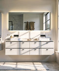 Modern bathroom vanity with matte black zinc alloy cabinet handles, featuring T bar drawer pulls for a sleek, contemporary look.