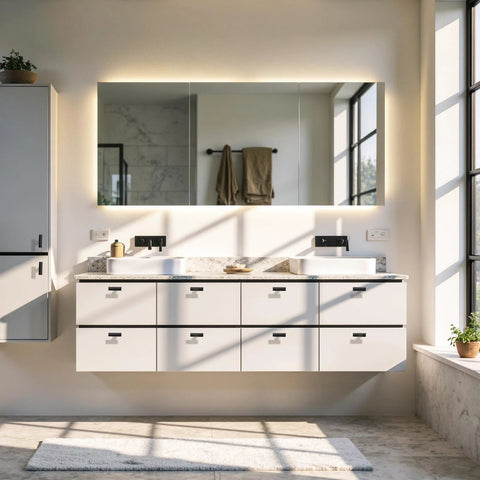 Modern bathroom vanity with matte black zinc alloy cabinet handles, featuring T bar drawer pulls for a sleek, contemporary look.