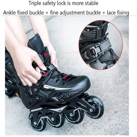 Outdoor Black Inline Skates For Adults And Kids with triple protection buckle and lace fixing, showing durable wheels, size US 11