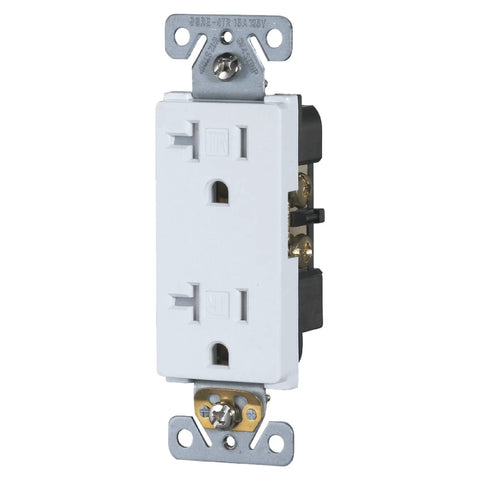 White 20 Amp Tamper Resistant Outlet 125V Decorator Duplex Receptacle Commercial Grade UL Listed Front View