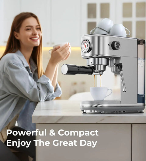 Espresso Machine With Milk Frother, 20 Bar Pressure, 44 Ounces Removable Water Tank, Compact Stainless Steel Coffee Maker, Sleek Silver