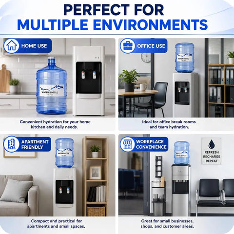 Image showing 5 Gallon Water Bottle With Easy Grip Handle BPA Free Durable Plastic Jug in various home, office, and gym settings.
