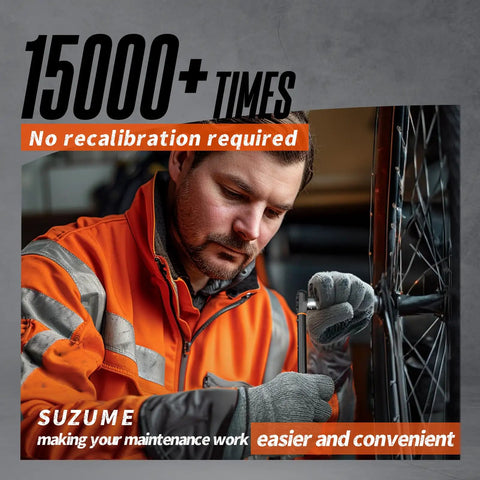 Man in orange jacket using a torque wrench on a bicycle wheel, showcasing durability '15000+ times no recalibration required'