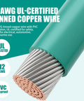 12AWG UL-certified tinned copper wire with green PVC insulation, UL listed for safety, suitable for electrical, automotive use.