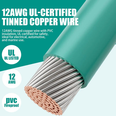 12AWG UL-certified tinned copper wire with green PVC insulation, UL listed for safety, suitable for electrical, automotive use.