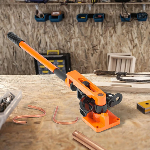 VEVOR Manual Pipe Tube Bender For 3/8 To 1 Inch Od Copper And Aluminum Lines With Seven Bending Dies on a workbench.