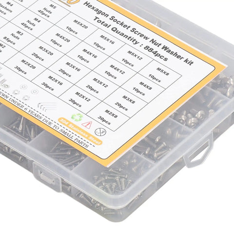 Massive 884 Piece Screw Nut Washer Wrench Kit With M2 M3 M4 M5 Half Round Head Screws Nuts Washers And 4 Hex Wrenches labeled box