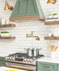 Gold Pot Filler Faucet Wall Mount Copper Folding Faucet With Two Handles And Double Joint Swing Arms over stove in kitchen