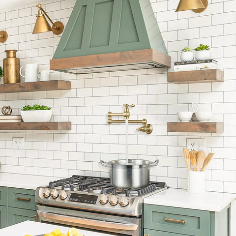 Gold Pot Filler Faucet Wall Mount Copper Folding Faucet With Two Handles And Double Joint Swing Arms over stove in kitchen