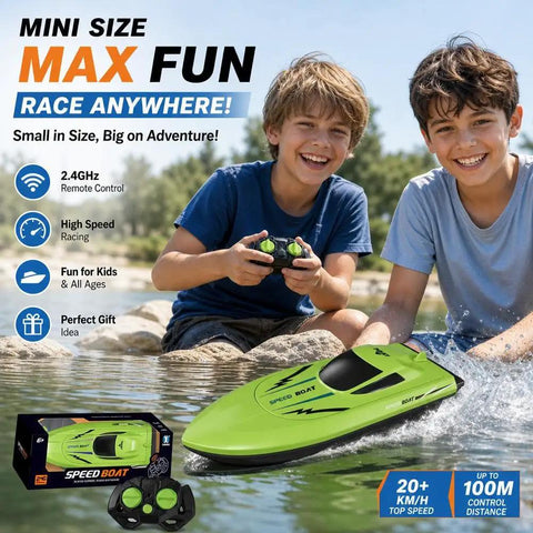 Boys playing with 2.4G Dual Motor RC Boat For Kids And Adults With High Speed Thrills Waterproof Boat For Lakes And Pools Easy Remote Control Multi Player Racing Durable Green Finish