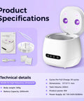 Ultrasonic Retainer Cleaner With 45kHz Power And Four UV Lights, Rechargeable W200 Model, white design, specifications shown.
