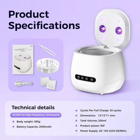 Ultrasonic Retainer Cleaner With 45kHz Power And Four UV Lights, Rechargeable W200 Model, white design, specifications shown.
