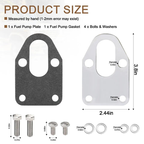 Chrome Fuel Pump Mounting Plate With Bolts For Small Block Chevy SBC Engines, Block Off Plate With Mounting Plate Gasket, Fits 265 283 302 305 327 350 383 400 SBC, Plug And Play Install, No Brainer Upgrade, Durable Steel Construction, size chart