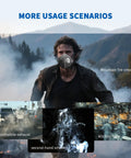 Person wearing P95 Face Mask With Carbon Layer For Odor Reduction Exhalation Valve And Advanced Filtration For Oil Based Particles Easy Breathing in smoke-filled environment