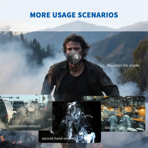 Person wearing P95 Face Mask With Carbon Layer For Odor Reduction Exhalation Valve And Advanced Filtration For Oil Based Particles Easy Breathing in smoke-filled environment