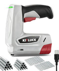 Top Tier 2 In 1 Cordless Electric Staple Gun And Brad Nailer Combo For Quick Woodworking and Home Fixes, featuring gray handle and assorted staples.