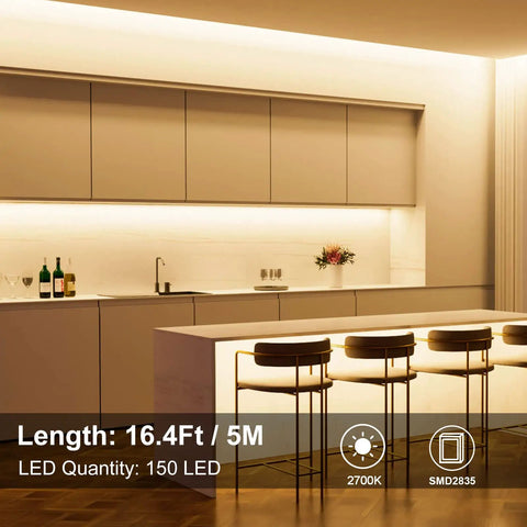 Battery Operated LED Strip Lights 16.5 Ft With 150 LEDs 2835 SMD Remote Control Warm White 2700K illuminating modern kitchen