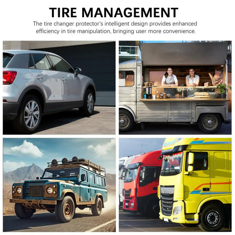 Collage of vehicles including an SUV, food truck, off-road vehicle, and semi-trucks illustrating tire management.