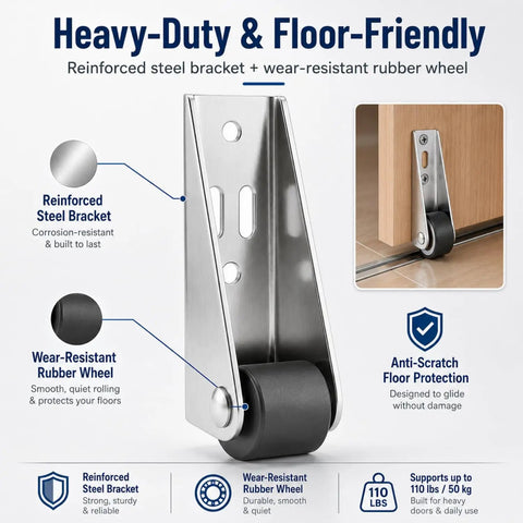 Reinforced steel bracket and wear-resistant rubber wheel of Built Tough Vertical Track Roller Wheels for sliding barn doors.