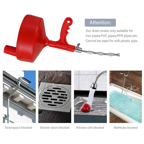 Red 35 Ft Drain Cleaner Drum Auger Clog Remover for Kitchen Sink and Bathtub Drains with plastic drum and steel cable
