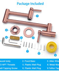 Rose Gold Pot Filler Faucet Wall Mount with included installation accessories displayed on white background