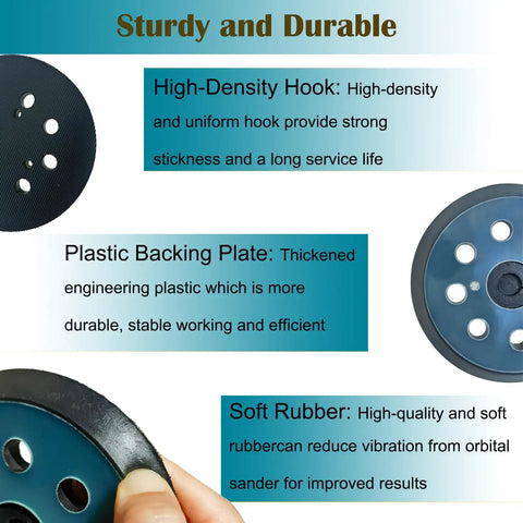 5 Inch Hook And Loop Replacement Sanding Pad With 8 Holes And 3 Screw Holes For Fast No Fuss Orbit Sanding On 5 Inch Sanders Compatible With BO5010 BO5030K BO5031K BO5041K Durable Dust Holes Pad features