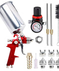 Heavy Duty HVLP Paint Spray Gun Kit Features Gravity Feed And Tweakable Air Valve With Five Precision Nozzles Plus A Tough Aluminum Cup components layout including sprayer, pressure gauge, and nozzles.