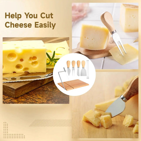 Professional Wood Cheese Slicer And Cutting Board Set Featuring Four Adjustable Wire Blades For Effortless Hard And Soft Cheese Slicing A Top Shelf Kitchen Essential That Makes Food Prep Hit Different with cheese and tools.