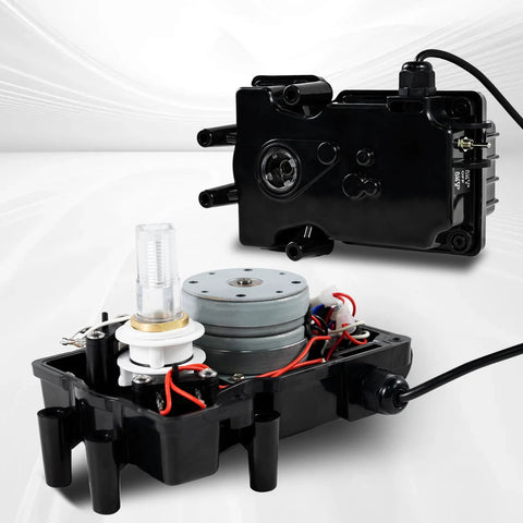 24-Volt pool valve actuator by Amazon, disassembled showing black plastic housing, motor, gears and wiring.