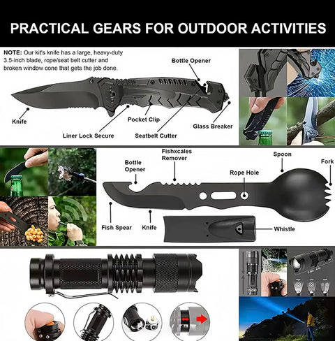 Prepper Ready 250 Piece Survival Kit With First Aid Gear In MOLLE Pouch featuring a knife, spork, flashlight, and outdoor tools