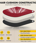 Red U Shaped Dining Chair Cushions 4 Pack With Ties And Non Slip Backing construction layers, showcasing yarn-dyed fabric, foam and non-slip bottom.