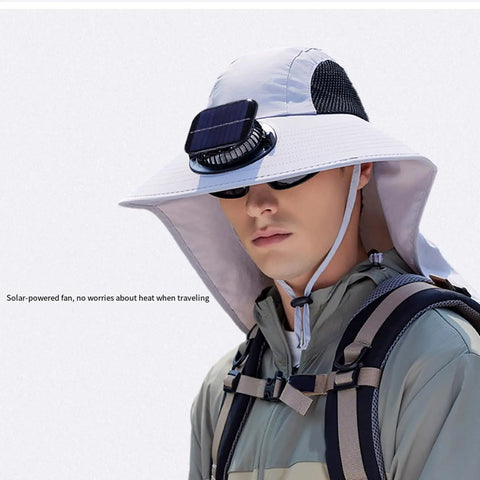 Solar Powered Fan Hat With Detachable USB Solar Power, Wide Brim Sun Shield, adjustable fit, shown on model outdoors