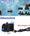 Powerful Submersible Water Pump 520GPH With Built In Sponge Filter dimensions and nozzles on display