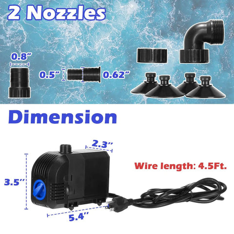 Powerful Submersible Water Pump 520GPH With Built In Sponge Filter dimensions and nozzles on display