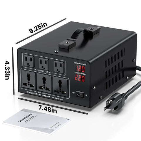 Heavy Duty 8000W Voltage Converter Transformer Plug And Play Step Up 110V Or 120V To 220V Or 240V And Step Down 220V To 110V With Circuit Breaker Protection LCD Display 3 US Sockets 3 Universal Sockets For Travel And Home Use front view