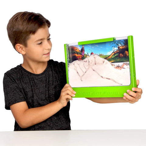 Child holds Large Viewing Ant Farm for Live Ants, Hands On STEM Toy with green frame and clear walls.