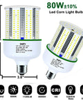 80W LED Corn Light Bulb 5000K Daylight White 2 Pack 800W Equivalent Dimmable E26 E39 Base with dimensions and features