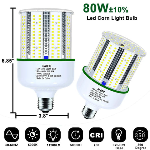 80W LED Corn Light Bulb 5000K Daylight White Two Pack 800W Equivalent for indoor outdoor use E26 E39 base high bay lighting