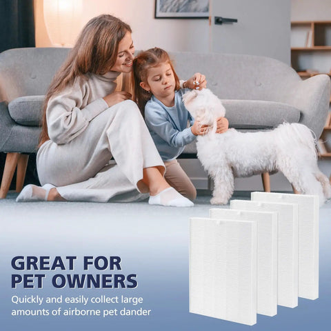 Mother and daughter playing with dog beside 4 Pack C545 HEPA Replacement Filter S For C545 Air Purifier in living room