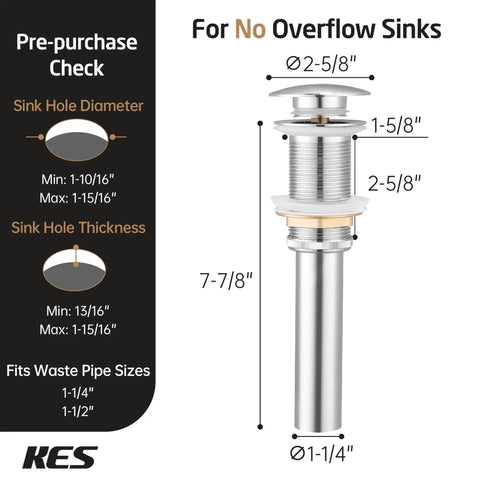 Diagram of Pop Up Drain Without Overflow For Vessel Sinks, 2 Pack Polished Chrome Stopper, All Metal Rustproof Brass And 304 Stainless Steel