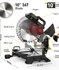 Heavy Duty 10 Inch Compound Miter Saw Boasting A Beefy 15 Amp Motor Cruising At 5000 Rpm For Silky Smooth Cuts On Wood Metal Plastic And Laminates Featuring Single Bevel 0 To 45 Degree Angles Wide Extension Table Plus 36 T Blade with labeled parts.