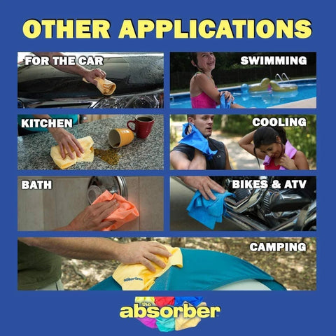 Absorber aqua drying chamois cloth by Amazon; 7 uses: car, pool, kitchen, cooling, bath, bikes/ATV, camping.